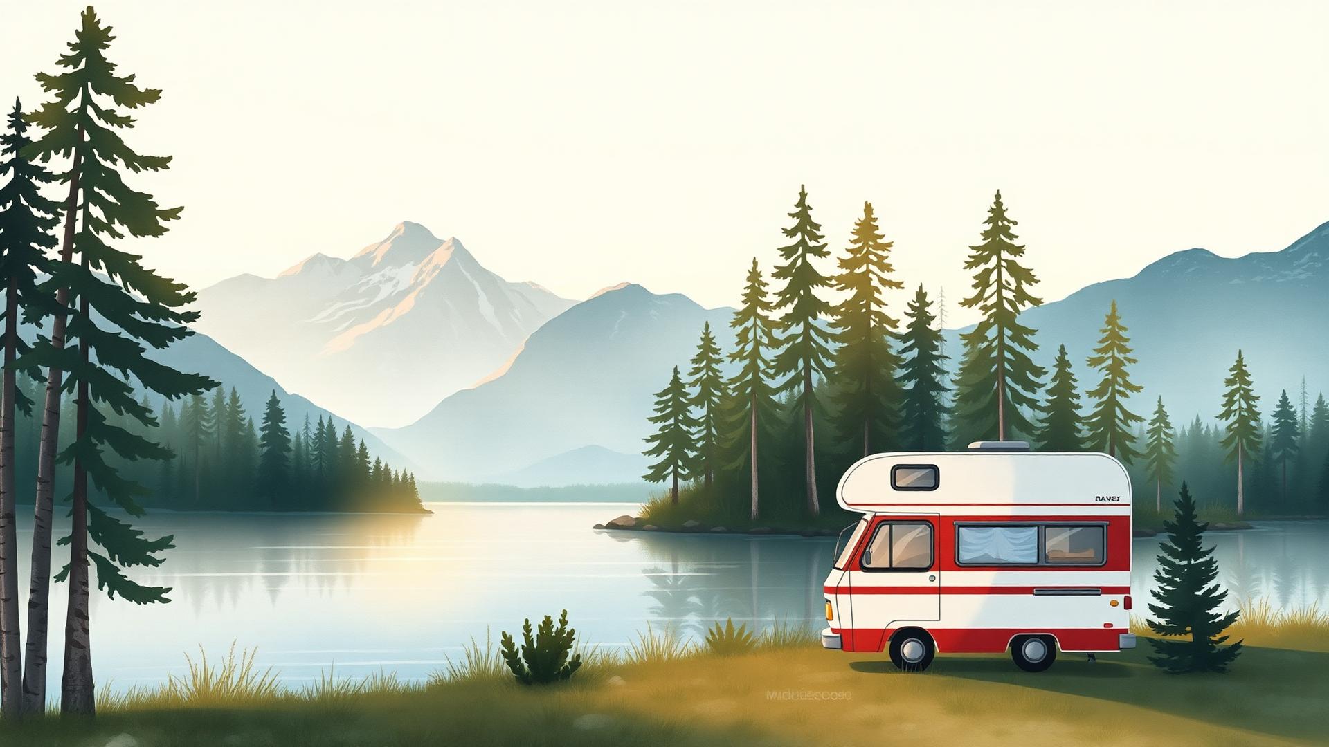 Wohnmobil an einem skandinavischen See bei Sonnenaufgang